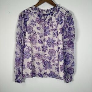 Loft Long Sleeve Blouse Floral Purple Size Small Women's Textured Lined